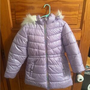 Lavender Puffer Jacket with Faux Fur Trim